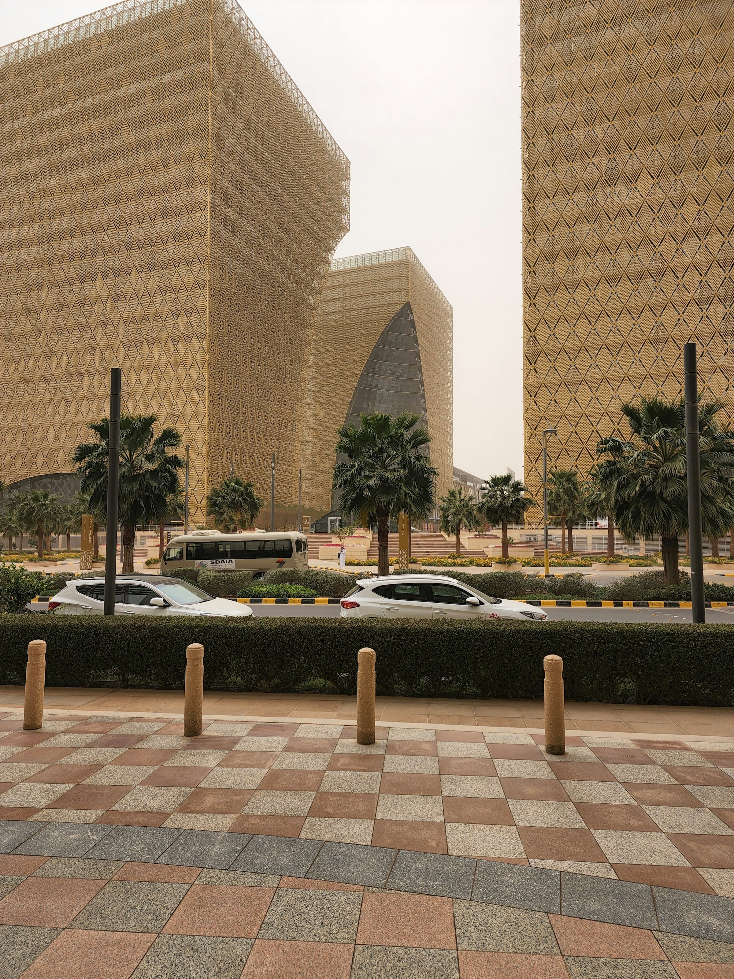 Street-level view of KAFD towers and public realm in Riyadh, Saudi Arabia